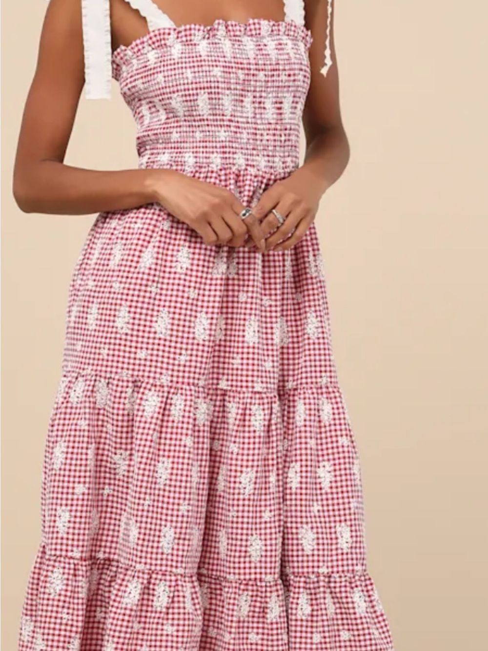 Jacqui E Red Gingham Tiered Midi Dress with Cream Tie Straps